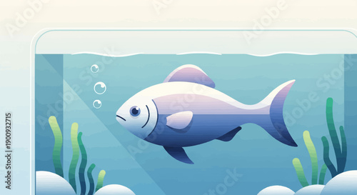 A pixelated fish swims in a clear glass aquarium with green plants