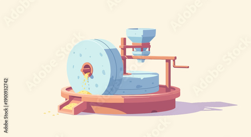 A pixel art rendering of a stone mill grinding grain into flour