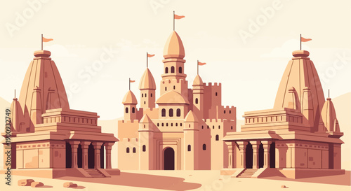 A pixelated desert landscape features two ornate temples and a central castle