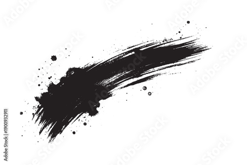 Curved black ink brush stroke with artistic paint splatters