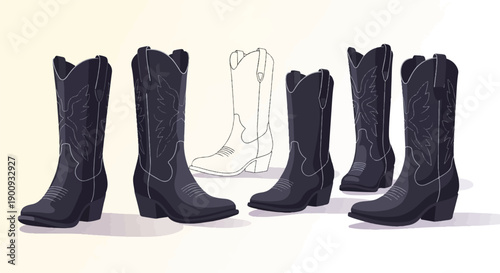 A line of dark cowboy boots with one outlined in white