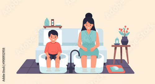 A mother and child relax with foot baths in a serene spa-like setting