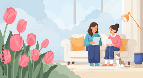 A mother and daughter sit on a sofa with tulips and a cat nearby