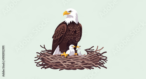 A mother eagle and her two chicks rest in a nest