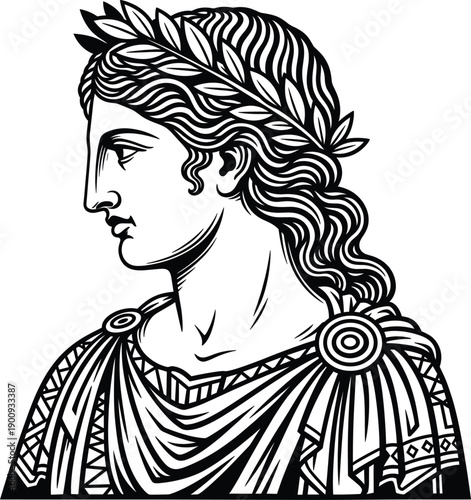 Classical Ancient Greek or Roman Female Profile Vector Illustration with Laurel Wreath and Toga for History Education, Philosophy Branding, Mythological Art, and Museum Graphics