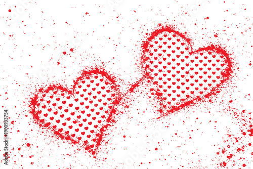 Vivid  hearts form two connected shapes on a white backdrop, surrounded by splattered paint. A bold romantic motif ideal for Valentine’s, cards, posters