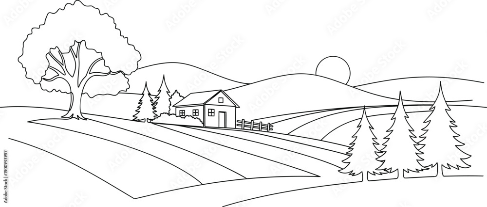 Obraz premium Rural landscape with village houses, trees and fields continuous single line minimalist vector illustration