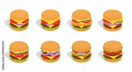 Eight colorful burger illustrations with various toppings arranged in two rows against a clean white background.