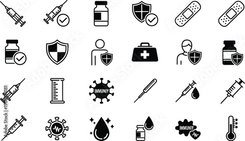 Vaccination and Immunity Icons: Syringe, Vaccine, Shield, Virus Protection