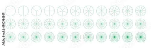 Segmented green charts from 1 to 33 segments. Pie, pizza chart template. Segments round infographic. Diagram wheel parts. Sectors divide the circle on equal parts from one to thirty three.