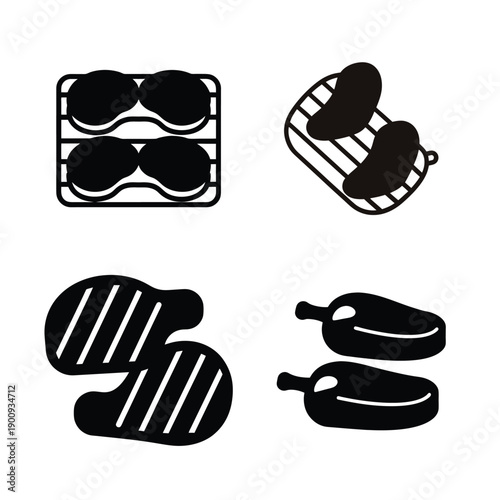 Four stylized icons representing different types of grilled and baked food items