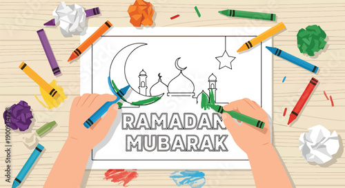 Childs hands coloring ramadan mubarak coloring page with crayons on wooden table with crumpled paper balls