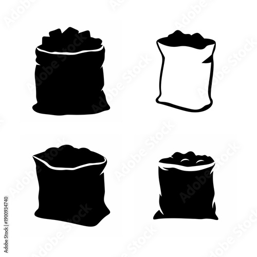 Four black sacks filled with different types of dark granular materials displayed in a grid.