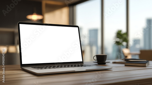 Slim laptop with a blank white screen on a wooden desk in a modern office with big windows. Display mockup. Generative AI