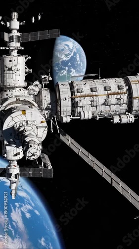 Space station orbiting Earth shows views of clouds and land on the planet during daylight and night