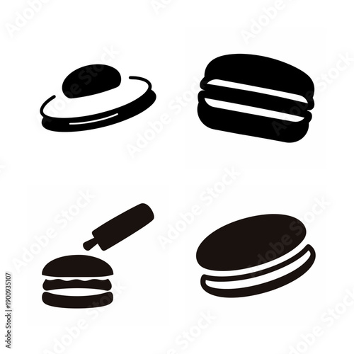 Four stylized black and white icons resembling flying saucer, macarons, and gavel