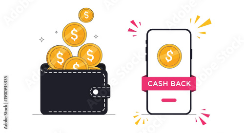 Digital cash back concept showing coins flowing into a wallet and a mobile notification