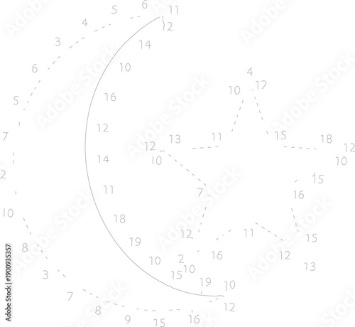 Islamic crescent moon and star connect the dots puzzle for children educational math game with numeric sequence for tracing activity coloring page