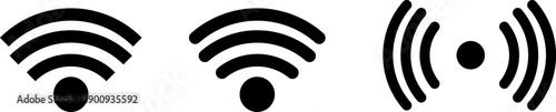 A set of black Wi-Fi and wireless signal icons illustrating network connectivity and communication technologies, isolated on transparent background