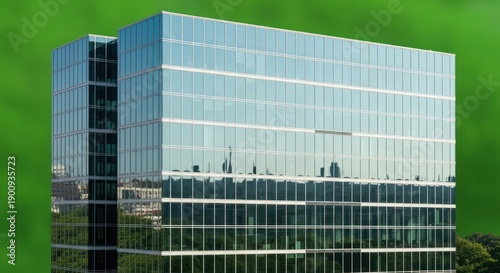 Modern glass office building reflecting blue sky and surrounding greenery.