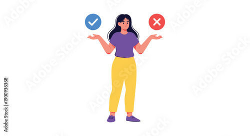 Woman weighing pros and cons decision between correct choice and incorrect option visually