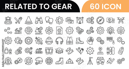 Outline Gear Icon Set in Line Art Style for Cogs, Tools, Settings, Mechanical Engineering, and Digital Interface Design