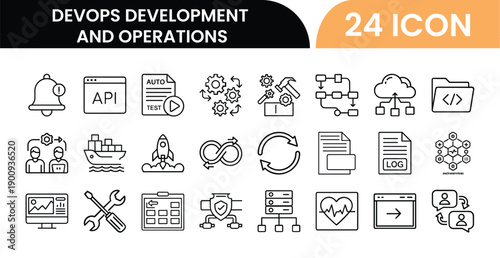 Outline DevOps Development and Operations Icon Set in Line Art Style for Continuous Integration, Cloud Computing, System Monitoring, and Digital Interface Design