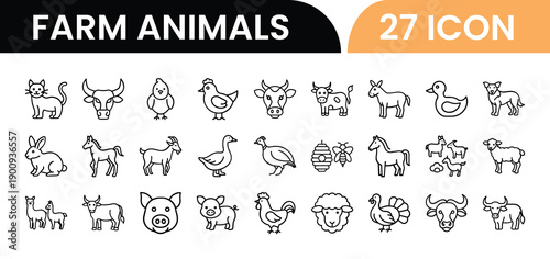 Outline Farm Animals Icon Set in Line Art Style for Livestock, Agriculture, Ranch, Dairy, and Digital Interface Design