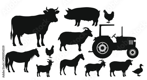 Set of Farm Animals and Tractor Icons