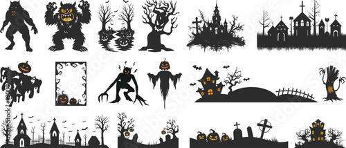 Halloween horror icon set collection group with spooky monster silhouettes, haunted house, ghost, skeleton, pumpkin, graveyard, scary creatures vector isolated on black background.