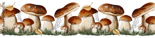 Billede på lærred Seamless horizontal border of porcini mushrooms with forest grass, leaves, and spider web