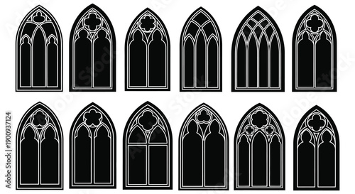 Collection of various black and white gothic arch window silhouettes for architectural design