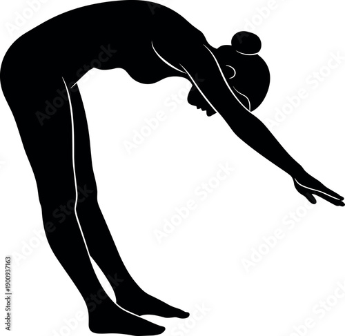 Black silhouette of a flexible woman doing yoga stretching exercise bending forward standing pose isolated on white background vector illustration