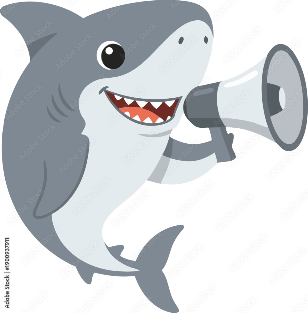 Naklejka premium Cartoon Shark Holding a Megaphone