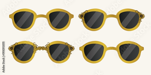 Luxury Gold Frame Sunglasses set with floral decorative ornament. Suitable for fashion branding, luxury design, accessories illustration, lifestyle graphics, etc