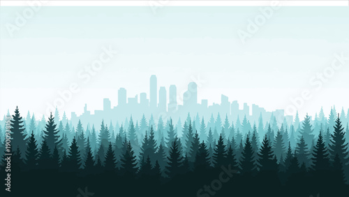  Nature Meets Urban Vector. Forest blending into city skyline, highlighting environmental and developmental contrast..