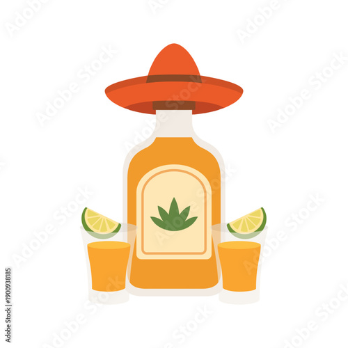 Mexican tequila bottle with sombrero and shot glasses. Flat vector illustration for party and cultural themes
