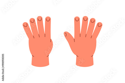 Hands showing number 9 using five fingers and four. Flat vector cartoon hand gesture for number learning in early education