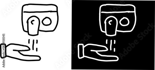 Automatic hand sanitizer or soap dispenser icon in black and white line style, showing liquid flowing onto a hand for hygiene and safety concepts.