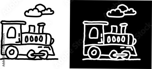Cute steam train icon set in black and white line style, featuring a classic locomotive with clouds, perfect for kids design, transport, or retro themes.