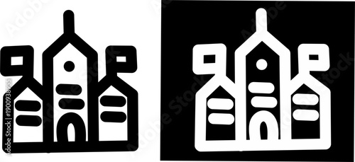 Church and city building icon set in black and white, minimalist architecture symbols with solid shapes, ideal for religion, community, or urban design.