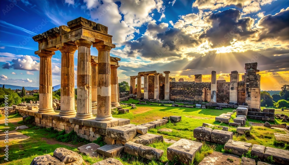 Obraz premium Ancient ruins bathed in sunlight, featuring classical columns and remnants of a historic structure under a vibrant sky