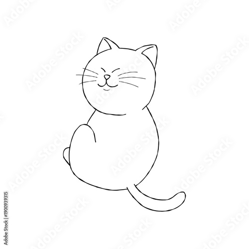 a chubby cat sitting sideways with a gentle smile. Simple black and white hand-drawn doodle style