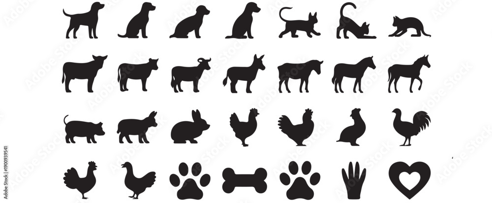 Obraz premium Pet & Farm Animal Silhouette Icon Set – 30 Vector Icons for Pets, Livestock & Farming