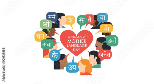 Illustration of diverse people around a heart with 'International Mother Language Day' and 'Mother Tongue' text in multiple languages on speech bubbles, symbolizing linguistic diversity and