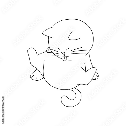 cute cat sitting and licking paw, playful expression. Simple black and white hand-drawn doodle style illustration