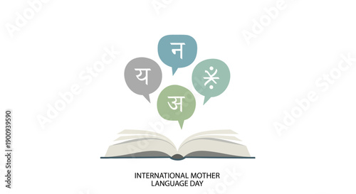 Illustration of an open book with speech bubbles in different languages on International Mother Language Day, promoting linguistic diversity and cultural heritage.