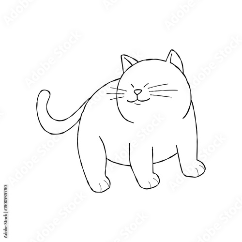 smiling cat standing calmly, looking content and relaxed. Simple black and white hand-drawn doodle illustration