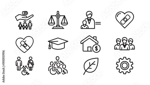 Collection of Line Icons Representing Social Services, Healthcare, Education, and Community Support