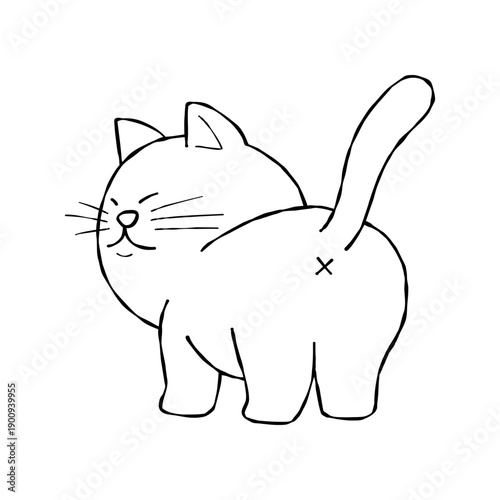 Cute Cat Back View With Raised Tail Minimal Line Art Hand Drawn Cartoon Cat Illustration Simple Outline Style